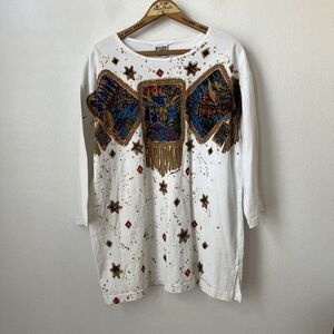 Vtg 90s FUN ART rodeo spatter tshirt oversize‎ funky 3/4 slv sheriff womens OS